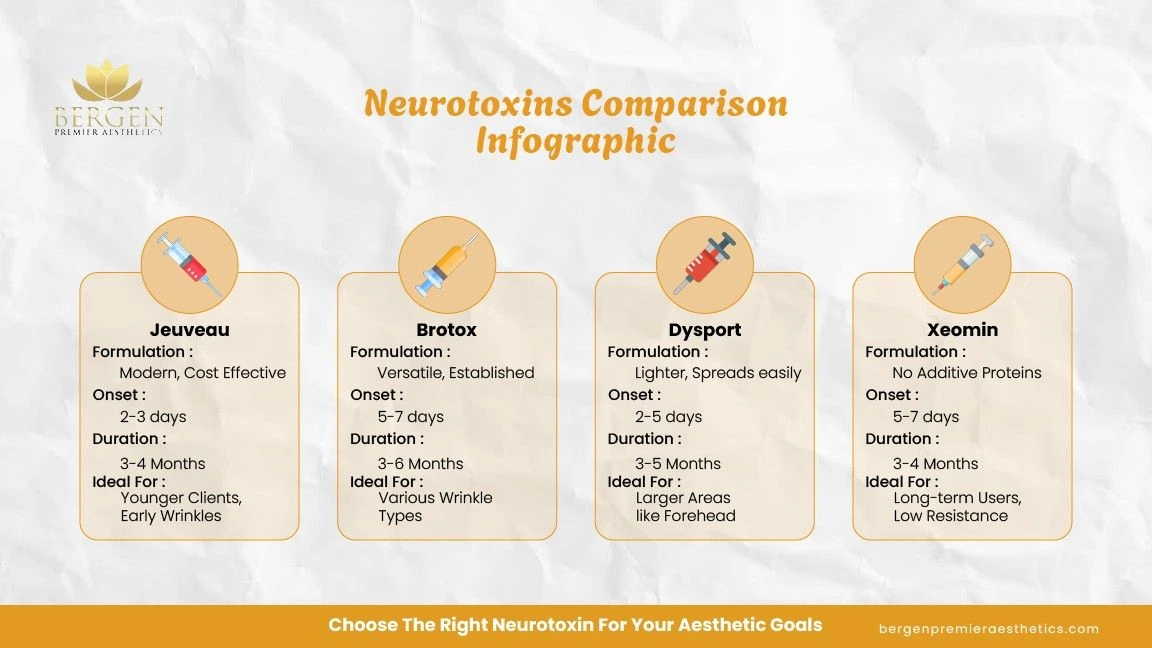 Infographic comparing Jeuveau, Botox, Dysport, and Xeomin